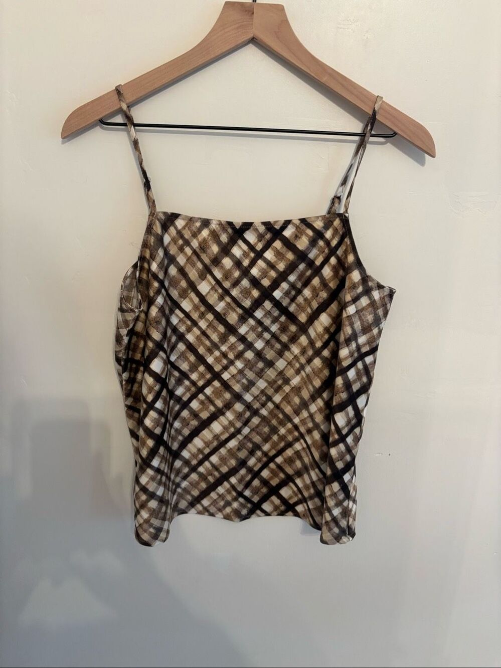 LOFT NWT Checkered Spaghetti Strap Top Size M Brown Fall Trend